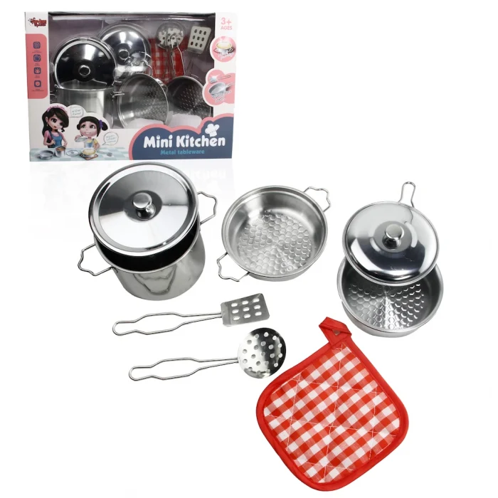 Vardem Oyuncak Mini Kitchen Metal Tableware 8 Parça Çelik Tencere Tava Set