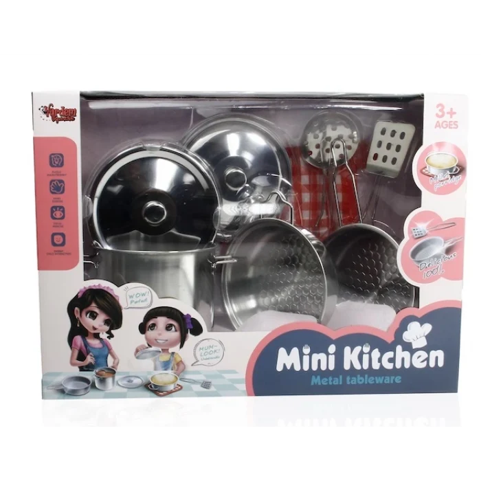 Vardem Oyuncak Mini Kitchen Metal Tableware 8 Parça Çelik Tencere Tava Set