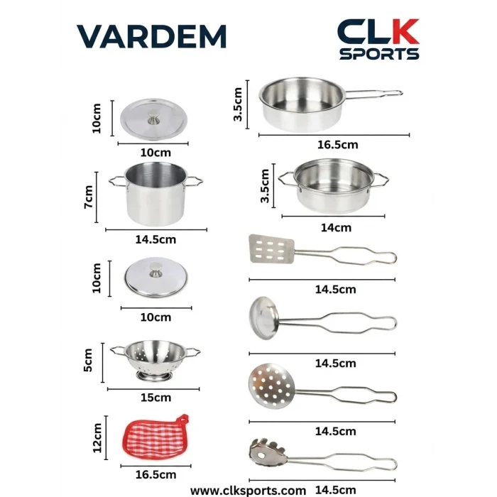 Vardem Oyuncak Mini Kitchen Metal Tableware , 11 Parça Çelik Tencere Tava Set
