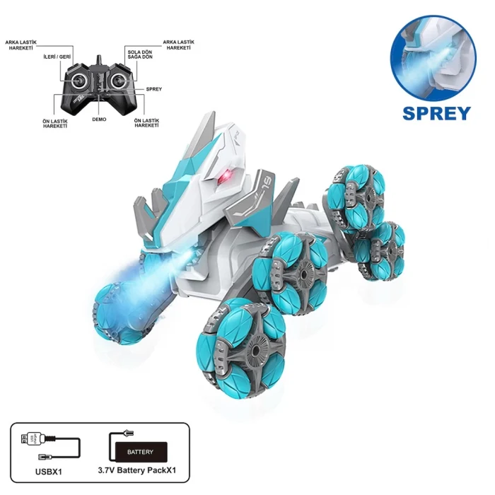 Vardem Uzaktan Kumandalı Full Fonksiyon Şarjlı 2,4G 8 Teker Buhar Atan Dinozor Araba