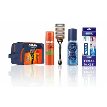 Gillette Fusion 4Up Tıraş Makinesi + Fusion Jel 200 ml + Nivea Men Deodorant 150 Ml+ Sensodyne Diş Macunu + Sensodyne Diş Fırçası +Çanta