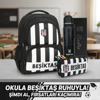 Beşiktaş Lisanslı Okul Çantası , Kalem Çantası - Özel Kutusunda Termos Matara Hediyeli Premium Set