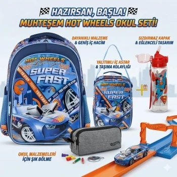 Hot Wheels Lisanslı Okul Çantası , Beslenme Çantası , Kalemlik Set - Suluk&Matara Hediye