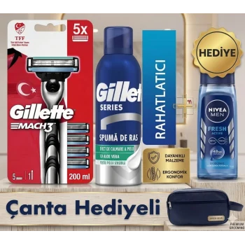 Gillette Mach 3 Tıraş Bıçağı Yedek Milli Takım Serisi + Gillette Tıraş Köpüğü + Nivea For Men Fresh Pump + Vegan Seyahat Çantası