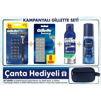 Gillette Sensor 3 Makine + 14lü Yedek Tıraş Bıçağı + Gillette Tıraş Köpüğü + Nivea For Men Fresh Pump