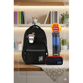 MASTER PACK Okul Çantası , Çift Gözlü Kalem Çantası , Para Cüzdanı ve Çelik Matara 700 ml Hediye