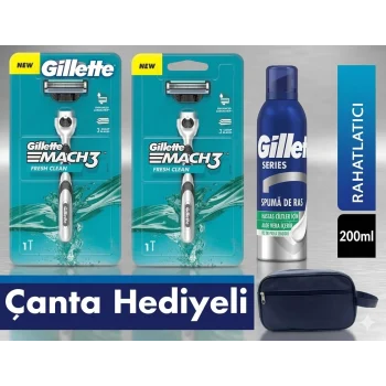 Gillette Mach3 Tıraş Makinesi 2li + Gillette Series Rahatlatıcı Tıraş Köpüğü 200 ml + Vegan Seyahat Çantası