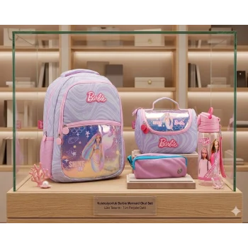Barbie Okul Çantası - Barbie Beslenme Çantası - Çift Gözlü Kalemlik - Barbie Suluk Matara Hediye