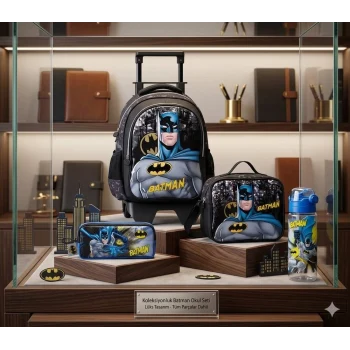 Batman Çekçekli Okul Çantası , Beslenme Çantası , Çift Gözlü Kalem Kutusu , Suluk&Matara Hediye