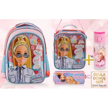 Barbie Lisanslı Okul Çantası - Beslenme Çantası - Kalem Kutusu Set - Suluk&Matara Hediye