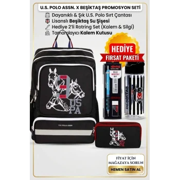U.s. Polo Siyah -Beyaz Taraftar Okul Sırt Çantası , Kalem Çantası - Lisanslı Suluk Matara Hediye