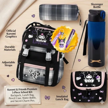 MASTER PACK Okul Çantası , Beslenme Çantası , Kalemlik , Kuromi Anahtarlık , Kuromi Silgi , Matara Hediye