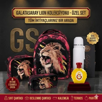 Galatasaray Kükreyen Arslan Okul Çantası, Çift Gözlü Kalem Çantası, Özel Kutusunda Termos Matara Set