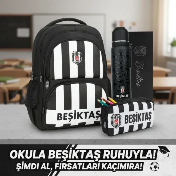 Beşiktaş Lisanslı Okul Çantası , Kalem Çantası - Özel Kutusunda Termos Matara Premium Set