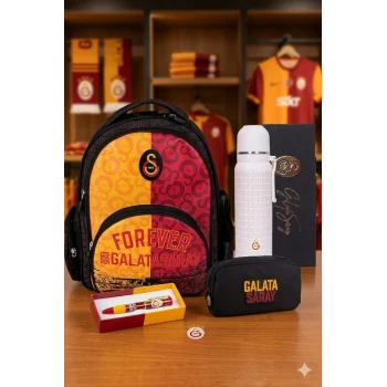 Galatasaray 3 BÖLMELİ FOREVER OKUL ÇANTASI , KALEM ÇANTASI - ÖZEL KUTUSUNDA TERMOS MATARA SET