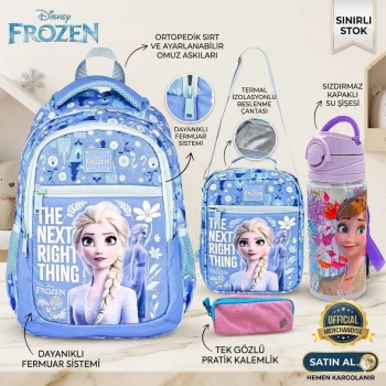 Frocx Frozen Okul Çantası , Beslenme Çantası , Çift Gözlü Kalem Çantası, Matara 500 ml Hediye
