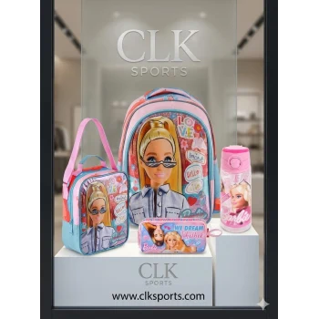 Barbie Lisanslı Okul Çantası - Beslenme Çantası - Çift Gözlü Kalem Kutusu , Suluk&Matara Hediye