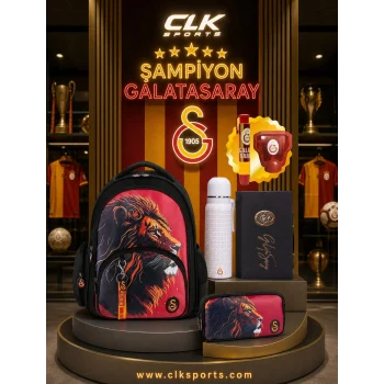 Galatasaray Aslan Baskılı Suni Deri Okul Çantası , Lisanslı Kalem Çantası - Özel Kutusunda Termos Matara Set