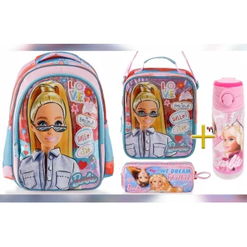 Barbie Lisanslı Okul Çantası - Beslenme Çantası - Çift Gözlü Kalem Kutusu , Suluk&Matara Hediye