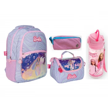 Barbie Okul Çantası - Barbie Beslenme Çantası - Çift Gözlü Kalemlik - Barbie Suluk Matara Hediye