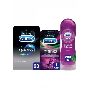 Durex Maraton Geciktiricili 20’li ve Intense Uyarıcı 20’li Prezervatif + Aloe Vera Masaj Jeli 200ml