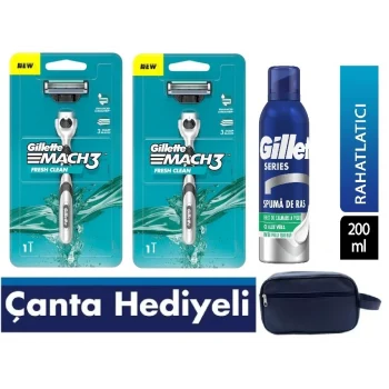 Gillette Mach3 Tıraş Makinesi 2li + Gillette Series Rahatlatıcı Tıraş Köpüğü 200 ml + Vegan Seyahat Çantası