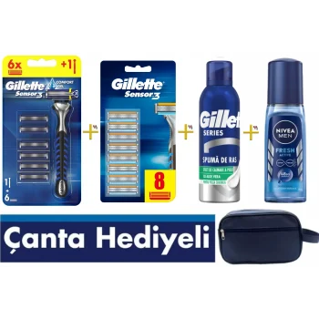 Gillette Sensor 3 Makine + 14lü Yedek Tıraş Bıçağı + Gillette Tıraş Köpüğü + Nivea For Men Fresh Pump