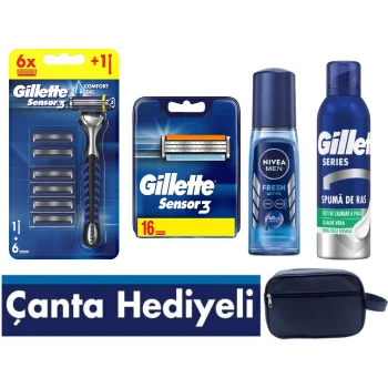 Gillette Sensor 3 Makine,18li Yedek Tıraş Bıçağı , Tıraş Köpüğü , Erkek Deodorant , Seyahat Çantası