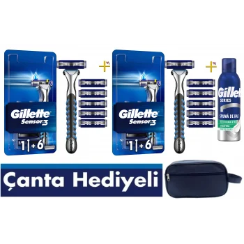 Gillette Sensor3 2 Makine+ 12 Yedek Tıraş Bıçağı+200 ML köpük Rahatlatıcı + Vegan Deri Seyahat Çantası