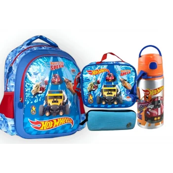 HOT WHEELS Lisanslı Ilköğretim Okul Çantası , Beslenme Çantası , Çift Gözlü Kalemlik - Alüminyum Matara Hediye