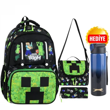 MİNECRAFT Okul Sırt Çantası , Beslenme Çantası Kalemlik Seti - Lisanslı Çelik Suluk & Matara Hediye