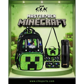 MİNECRAFT Okul Sırt Çantası , Beslenme Çantası Kalemlik Seti - Lisanslı Çelik Suluk & Matara Hediye