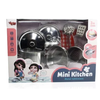 Vardem Oyuncak Mini Kitchen Metal Tableware 8 Parça Çelik Tencere Tava Set