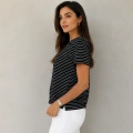 Kadın Siyah Beyaz Çizgili Bisiklet Yaka Basic T-Shirt