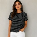 Kadın Siyah Beyaz Çizgili Bisiklet Yaka Basic T-Shirt