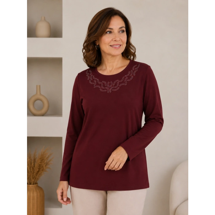 Kadın Anne Bluz Taşlı Bordo Renk