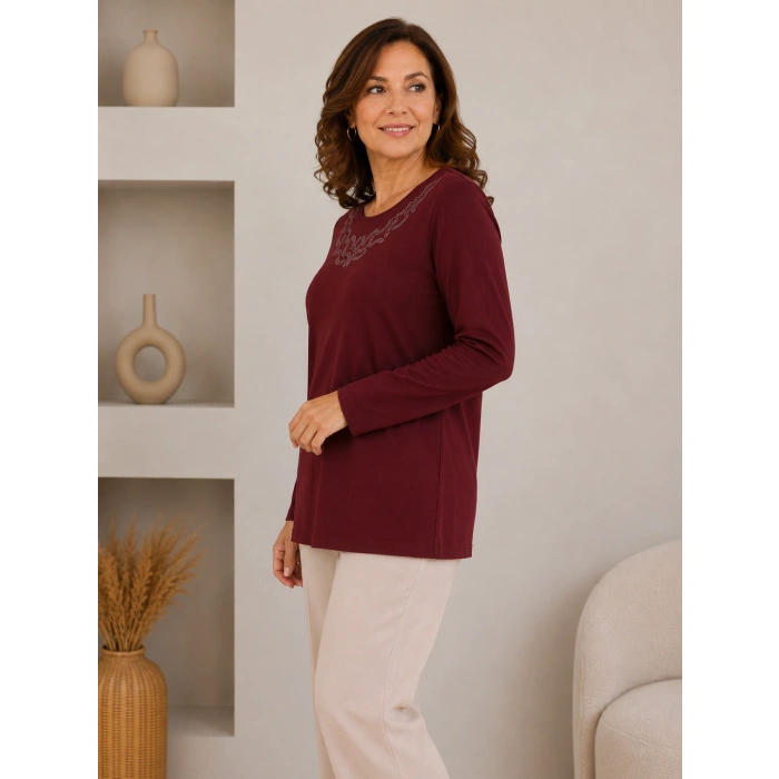 Kadın Anne Bluz Taşlı Bordo Renk
