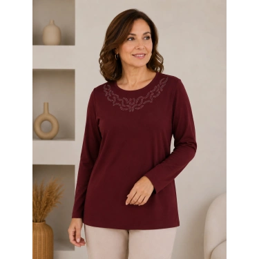 Kadın Anne Bluz Taşlı Bordo Renk