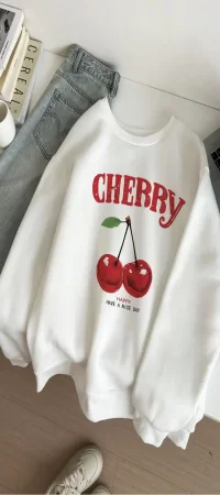 Beyaz 2 İplik Şardonlu Happy Cherry Sweatshirt