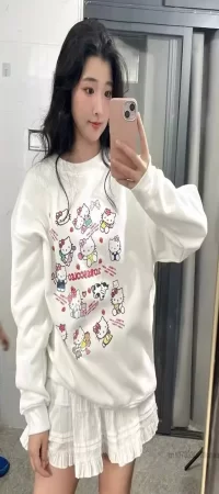 Beyaz 3 İplik Şardonlu Hello Kitty Cute Cartoon Long Sleeve Sweatshirt
