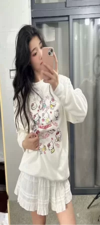 Beyaz 3 İplik Şardonlu Hello Kitty Cute Cartoon Long Sleeve Sweatshirt