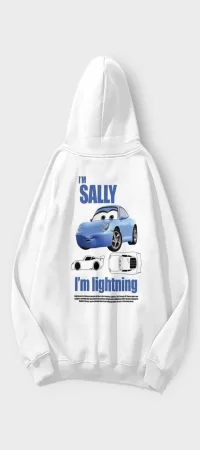 Beyaz Kapüşonlu IM SALLY Car Detail Sırt Baskılı Sweatshirt