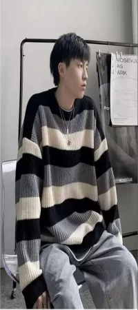 Harajuku Beyaz Gri Siyah Çizgili Oversize Unisex Kazak