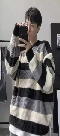 Harajuku Beyaz Gri Siyah Çizgili Oversize Unisex Kazak