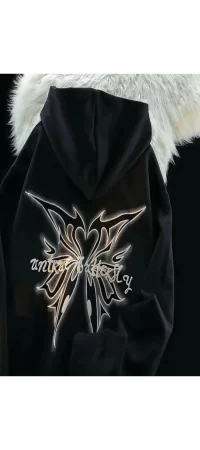 Harajuku Butterfly Tech Baskılı Gri Oversize Fermuarlı Unisex Kapüşonlu Hırka