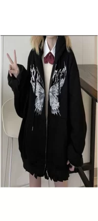 Harajuku Stili Butterfly Desenli Siyah (UNİSEX) Fermuarlı Kapşonlu Hırka