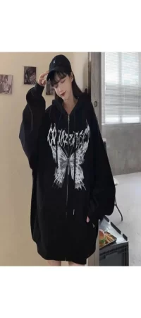 Harajuku Stili Butterfly Desenli Siyah (UNİSEX) Fermuarlı Kapşonlu Hırka