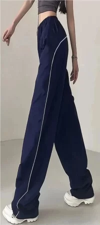 Lacivert Beyaz Şeritli Paraşüt Kumaş Unisex Beli Ve Paçası Ayarlanabilir Lastik Baggy Pantolon