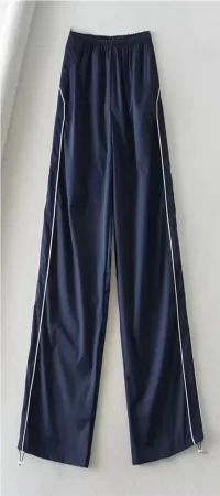 Lacivert Beyaz Şeritli Paraşüt Kumaş Unisex Beli Ve Paçası Ayarlanabilir Lastik Baggy Pantolon