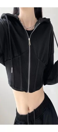 Siyah Korse Kesim Yeni Fermuarlı Crop Hırka